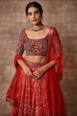 Tomato Red Embroidered Soft Silk Flared Style Lehenga 