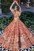 Tomato Red Georgette Zari Embroidered Panelled Style Lehenga 