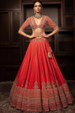 Tomato Red Silk Embroidered Panelled Style Lehenga