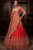 Tomato Red Silk Embroidered Panelled Style Lehenga