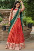 Tomato Red Silk Weaved Flared Style Lehenga 