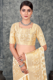 Traditional Cream Broad Border Weaved Zari Viscose Saree 