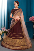 Traditional Dark Brown Satin Embroidered Lehenga