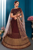 Traditional Dark Brown Satin Embroidered Lehenga