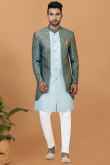 Traditional Light Blue Dupion Silk Jacket Style Men's Sherwani