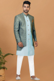Traditional Light Blue Dupion Silk Jacket Style Men's Sherwani