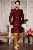 Traditional Maroon Dupion Silk Plain Men's Sherwani for Wedding & Party