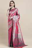 Traditional Ruby Red Weaved Zari Silk Broad Border Saree embroidery