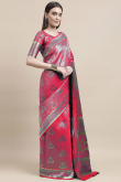 Traditional Ruby Red Weaved Zari Silk Broad Border Saree embroidery