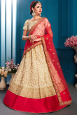 Traditional Stone Work Embroidered Satin Cream Lehenga