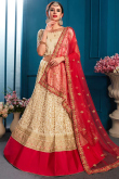 Traditional Stone Work Embroidered Satin Cream Lehenga