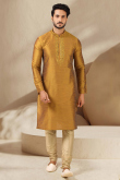 Trombone Yellow Dupion Silk Embroidered Men's Kurta With Churidar