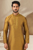 Trombone Yellow Dupion Silk Embroidered Men's Kurta With Churidar
