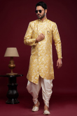 Trombone Yellow Jacquard Weaved Zari Angrakha Styal Men's Sherwani