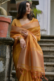 Trombone Yellow Kora Silk Woven Zari Broad Border Saree 