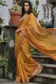 Trombone Yellow Kora Silk Woven Zari Broad Border Saree 