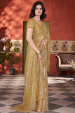 Trombone Yellow Net Saree With Sequins Work For Diwali
