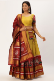 Trombone Yellow Taffeta Silk Patola print Flared Lehnga 