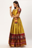 Trombone Yellow Taffeta Silk Patola print Flared Lehnga 