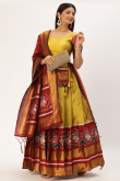 Trombone Yellow Taffeta Silk Patola print Flared Lehnga 