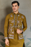 Trombone Yellow Viscose Silk Men's Kurta Pajama With Embroidered Jacket