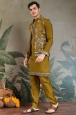 Trombone Yellow Viscose Silk Men's Kurta Pajama With Embroidered Jacket