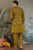 Trombone Yellow Viscose Silk Men's Kurta Pajama With Embroidered Jacket