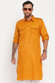 Turmeric Yellow Cotton Silk Men's Kurta Chuidar For Festival