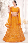 Turmeric Yellow Net Embroidered Party Wear Lehenga