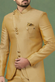 Turmeric Yellow Terry Rayon Weaved Thread Jodhpuri Style Men's Coat Pant