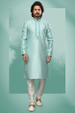Turquoise Blue Art Silk Mirror Embroidered Men Kurta Churidar
