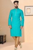 Turquoise Blue Cotton Men Kurta Pajama