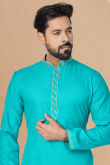 Turquoise Blue Cotton Men Kurta Pajama