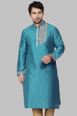 Turquoise Blue Dupion Silk Dori Embroidered Straight Cut Kurta
