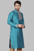 Turquoise Blue Dupion Silk Dori Embroidered Straight Cut Kurta