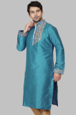 Turquoise Blue Dupion Silk Dori Embroidered Straight Cut Kurta