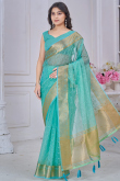 Turquoise Blue Kora Silk Saree With Zari Work For Diwali