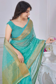 Turquoise Blue Kora Silk Saree With Zari Work For Diwali