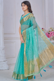 Turquoise Blue Kora Silk Saree With Zari Work For Diwali