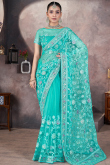 Turquoise Blue Net Embroidered Fancy Saree for Festival 