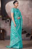 Turquoise Blue Net Embroidered Fancy Saree for Festival 