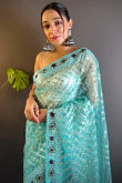 Turquoise Blue Net Embroidered Light Weight Saree