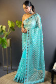 Turquoise Blue Net Embroidered Light Weight Saree