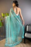 Turquoise Blue Net Embroidered Light Weight Saree