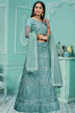 Turquoise Blue Net Embroidered Panelled Style Lehenga