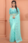Saree in Turquoise Blue Net for Party Wear with Thread embroidery