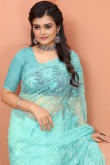 Saree in Turquoise Blue Net for Party Wear with Thread embroidery