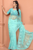 Saree in Turquoise Blue Net for Party Wear with Thread embroidery