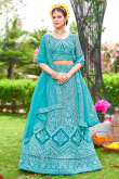 Turquoise Blue Net Resham Embroidered Flared style Lehenga 
