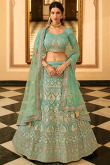 Turquoise Blue Organza A-Line Wedding Lehenga